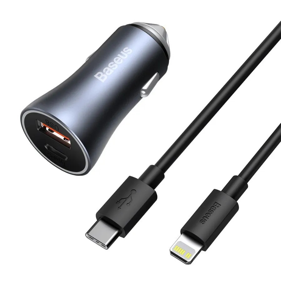 АЗУ Baseus Golden Contactor Pro Dual USB + USB-C с кабелем Lightning 40W Серый
